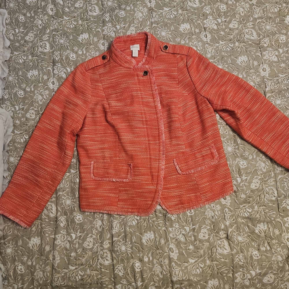 Chicos Women's Vibrant Tangerine Tweed Moto Style Blazer